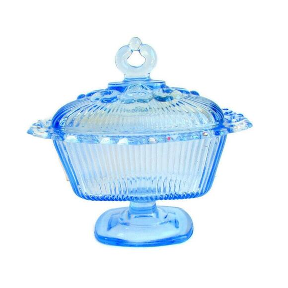 Ice Blue Glass Open Lace Edge Candy Dish Compote with Lid by Indiana Glass - Picture 1 of 5